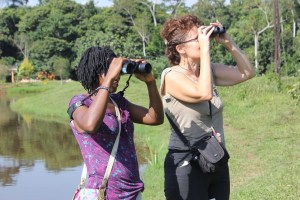 The Muzungu with young birder Hope at Kasenge, Uganda. International Day of the Safari Guide