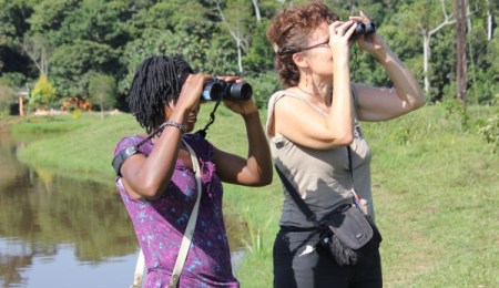 Muzungu with young birder Hope at Kasenge, Uganda. PHOTO Titus Kakembo