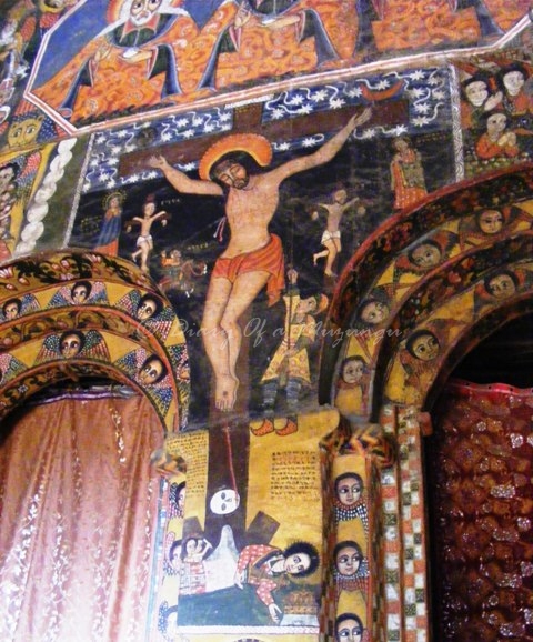 Cherubs adorn the walls and ceiling of the church of Debre Birhan Selassie, Gonder, Ethiopia