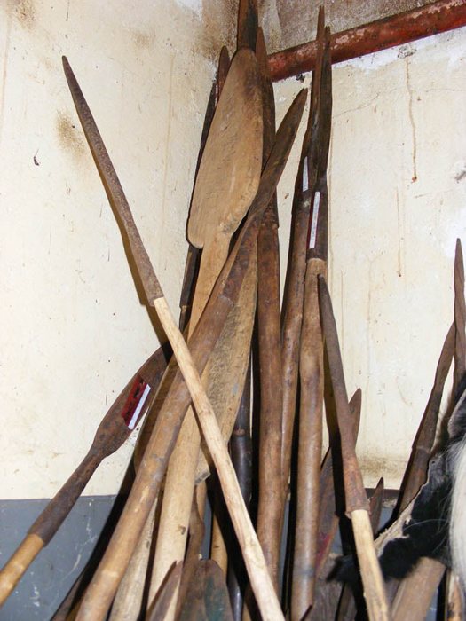 Confiscated spears UWA armoury Mweya