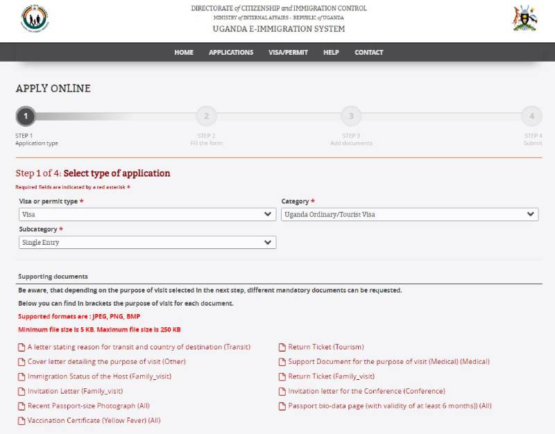 Screenshot showing documents needed to apply for Uganda tourist visa online