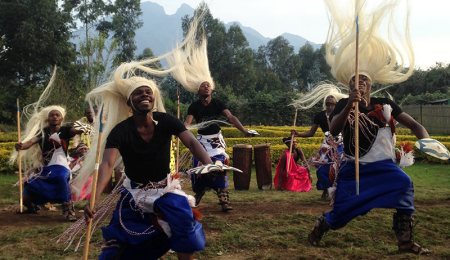 Intore traditional dancers perform at Kinigi, start of the gorilla tracking in Rwanda