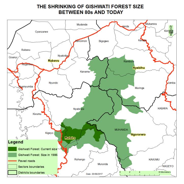 Map. Shrinking Gishwati Forest, Rwanda. Graphic ARCOS Network