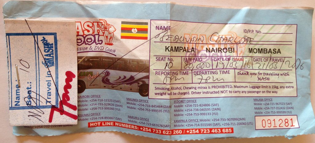 MASH bus ticket Kampala to Nairobi. Diary of a Muzungu