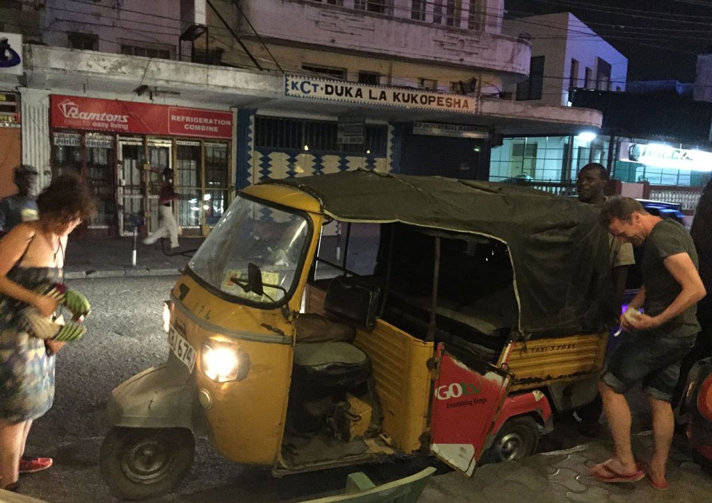 Mombasa Station arrival. five person tuk-tuk