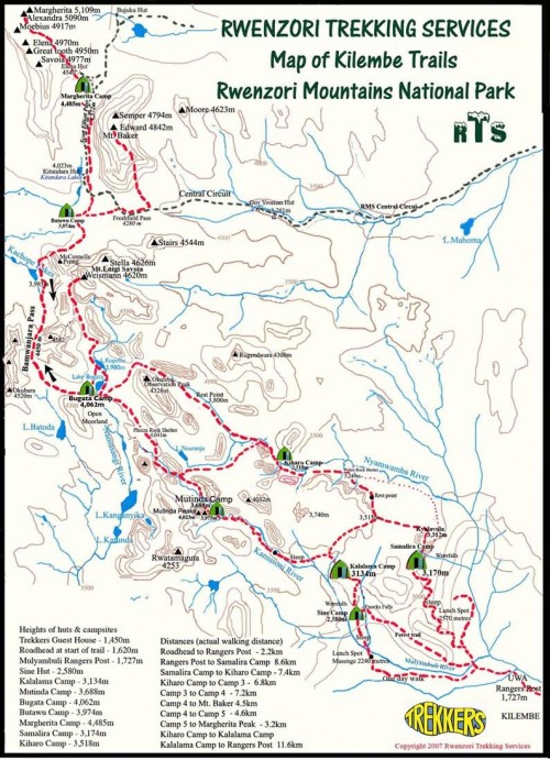 Rwenzori trekking: how to hike Margherita. Rwenzori Trekking Services Kilembe Trails map Uganda