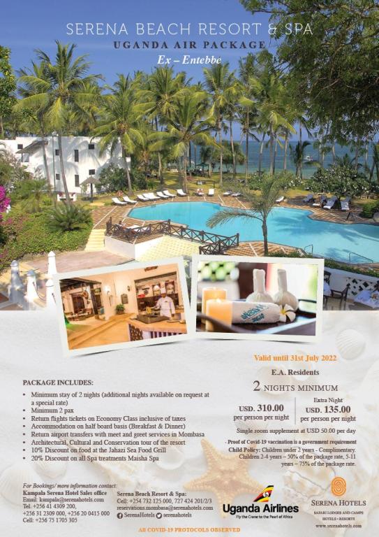 Serena Beach Resort, Mombasa and Uganda Airlines promotional package until July 31st 2022