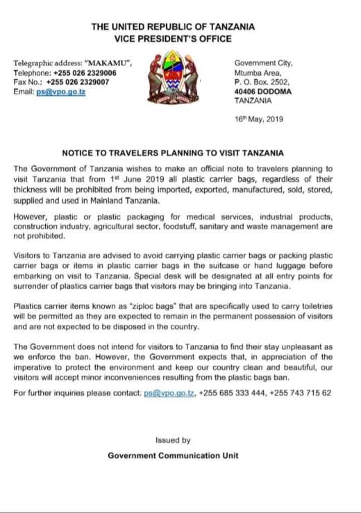 Tanzania plastic bag ban. Letter from government