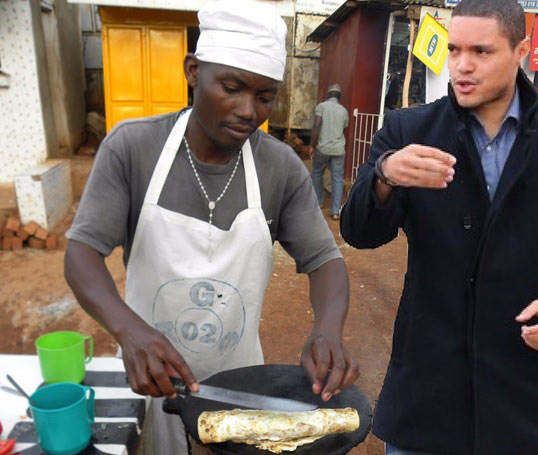 Trevor Noah orders rolex on Wandegeya street, Kampala 