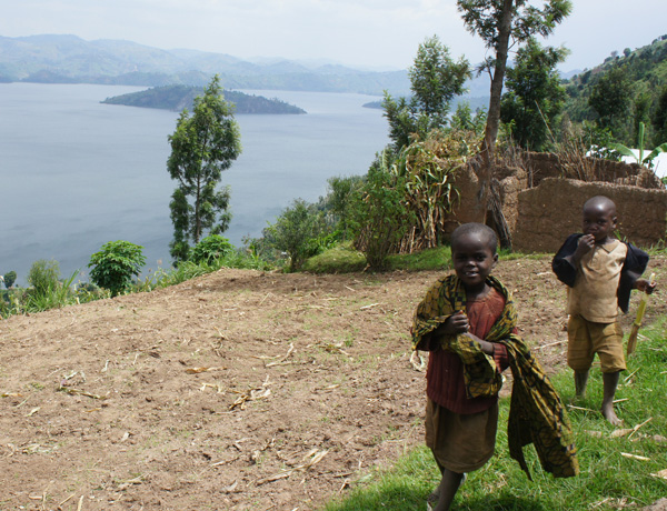 Virunga Lodge gorilla trekking Rwanda. children. Lake Ruhondo