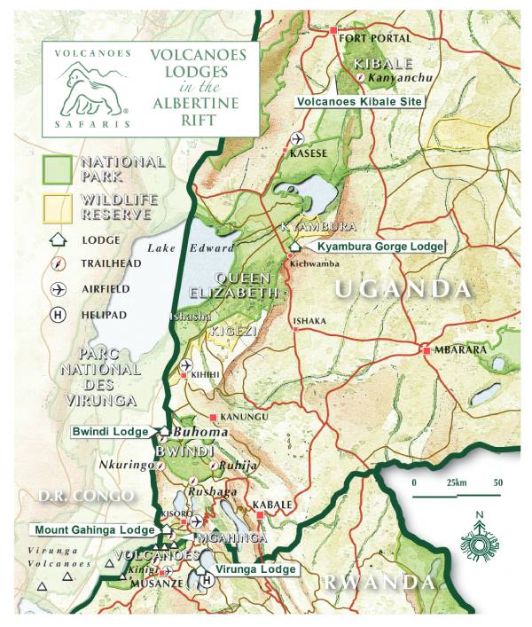 Volcanoes Safaris map of their five Uganda and Rwanda lodges 2023. MAP COURTESY of Andrew Roberts