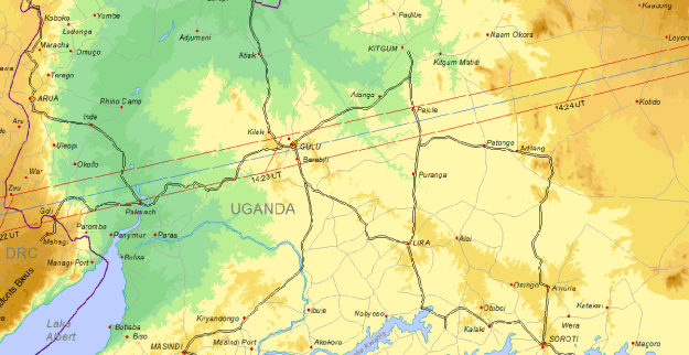 Map showing the maximum duration of totality, which is found along the centre, middle blue line